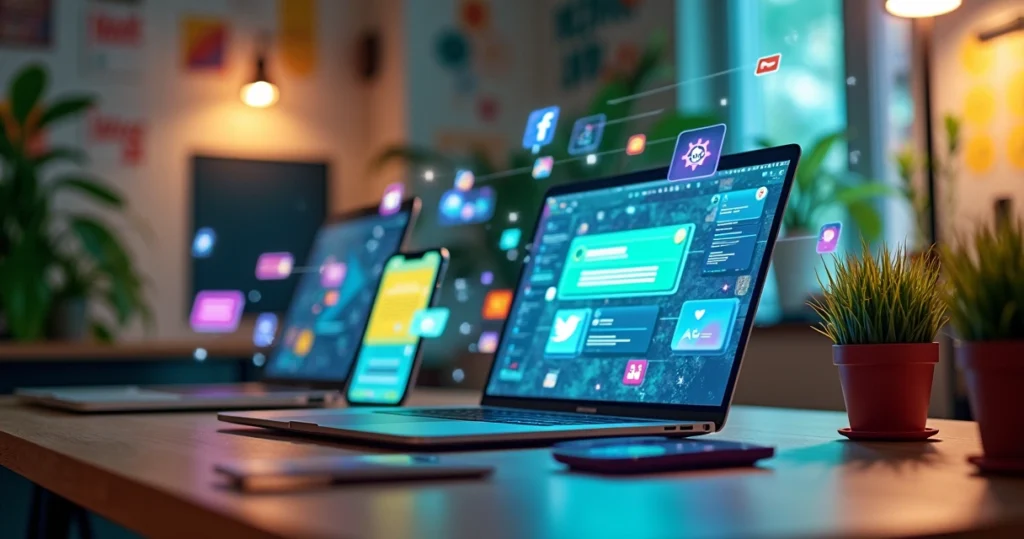 Ambiente de trabalho moderno com dispositivos digitais mostrando notificações de engajamento.