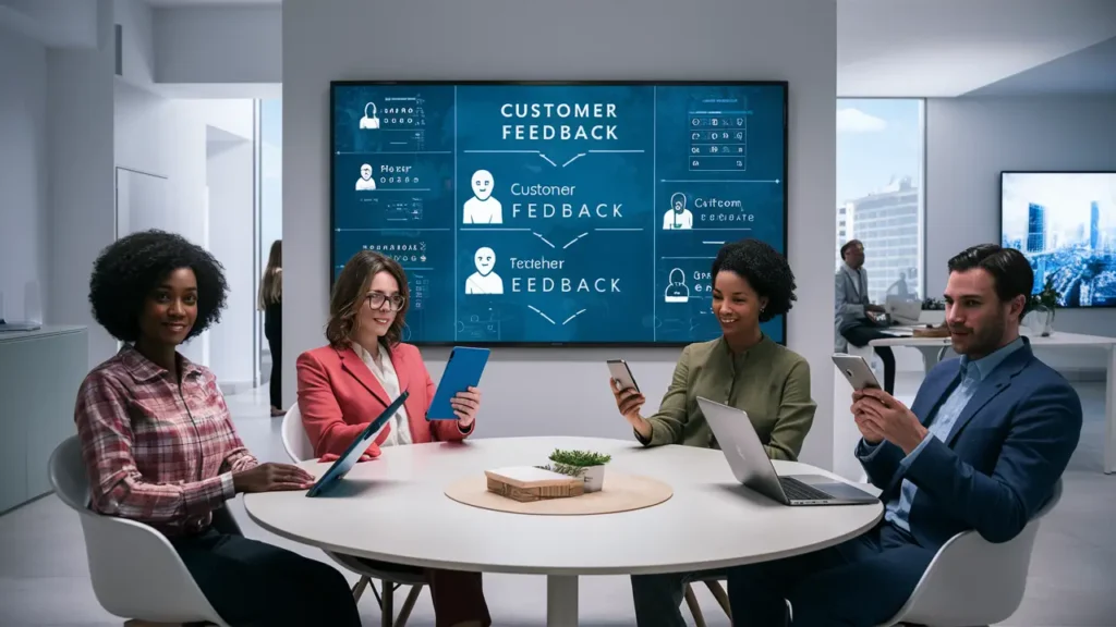 Quatro pessoas em um escritório moderno analisando feedbacks de clientes em diversos dispositivos digitais.