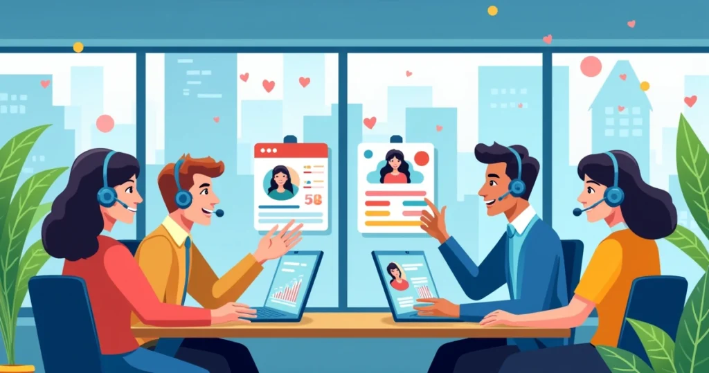 Ambiente de atendimento ao cliente com representantes felizes e gráficos de engajamento.