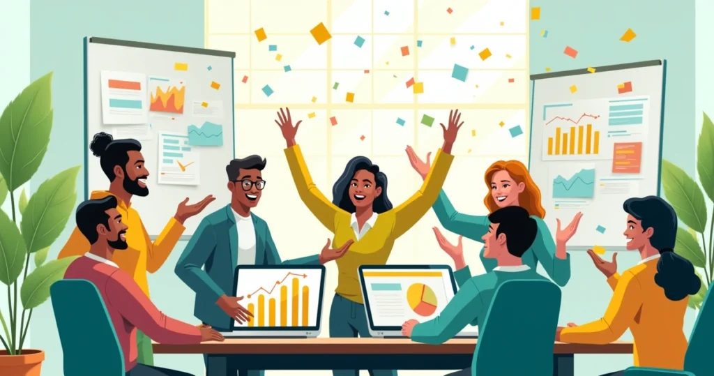 Equipe diversa comemorando sucesso com gráficos em ascensão em um escritório moderno.