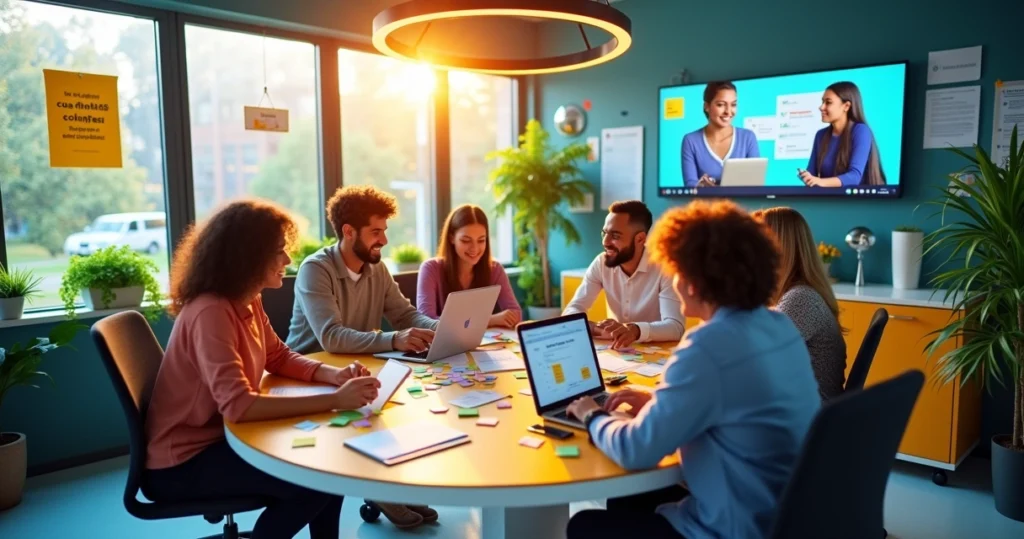 Espaço de trabalho vibrante com equipe diversificada focada em melhorar a experiência do cliente.