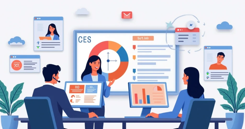 Ambiente de atendimento ao cliente com equipe trabalhando e métricas de esforço do cliente (CES) na tela.