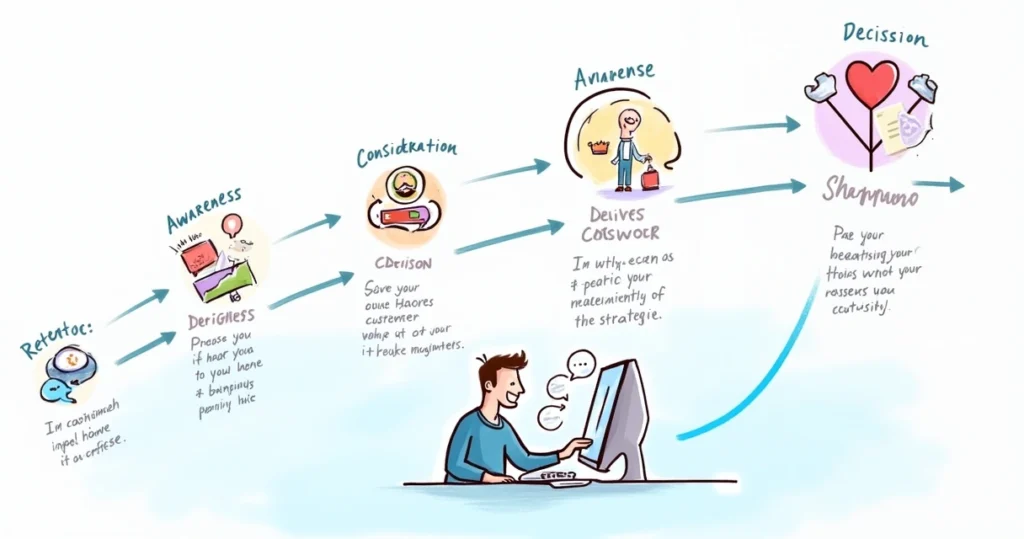 Ilustração do mapa da jornada do cliente com etapas e ícones coloridos para cada fase.