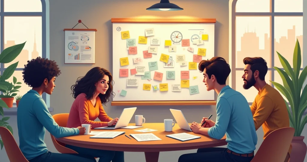 Grupo de pesquisadores discutindo em um ambiente de escritório, com anotações e uma lousa ao fundo.