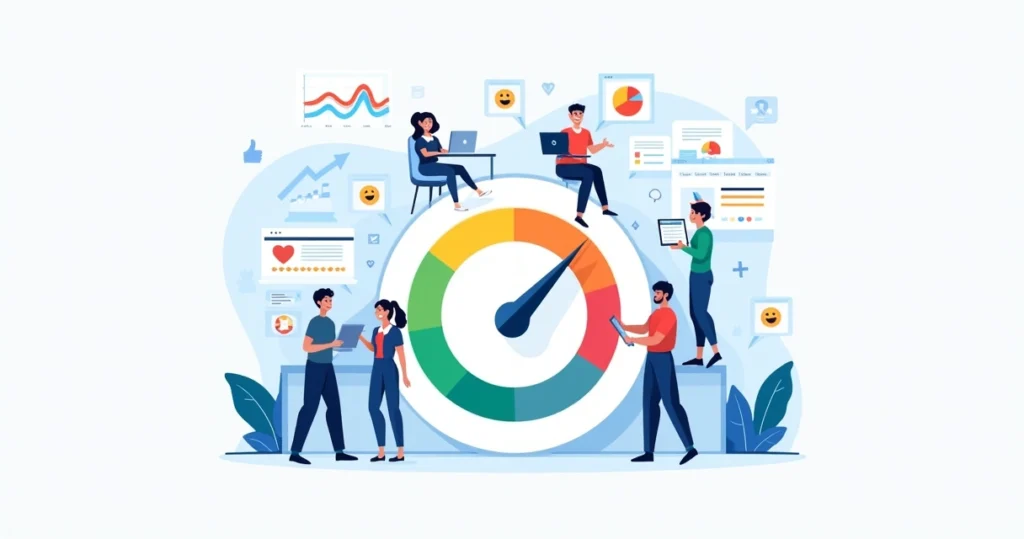 Ilustração de um medidor de Pontuação de Saúde do Cliente com gráficos e interações de clientes em um ambiente de escritório.