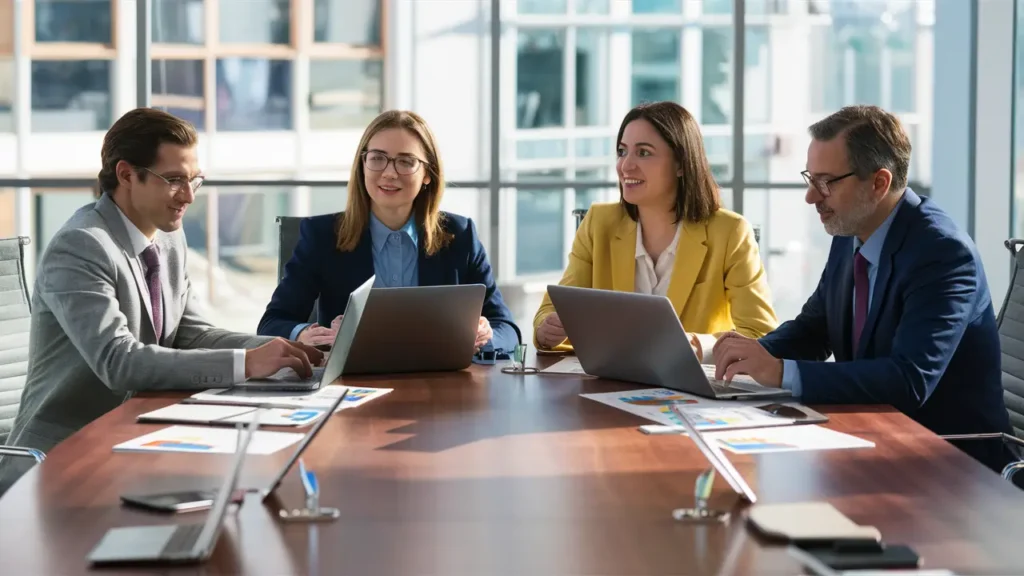 Quatro profissionais de negócios em discussão em uma mesa de conferência com laptops e gráficos coloridos.