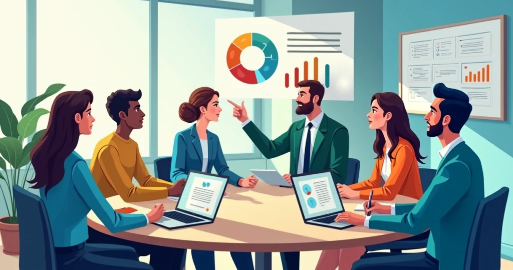 Reunião de profissionais discutindo feedback de clientes, com gráficos e laptop no centro da mesa.