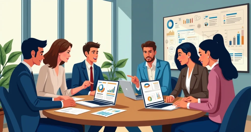 Equipe de trabalho reunida ao redor da mesa analisando gráficos e anotações de feedback