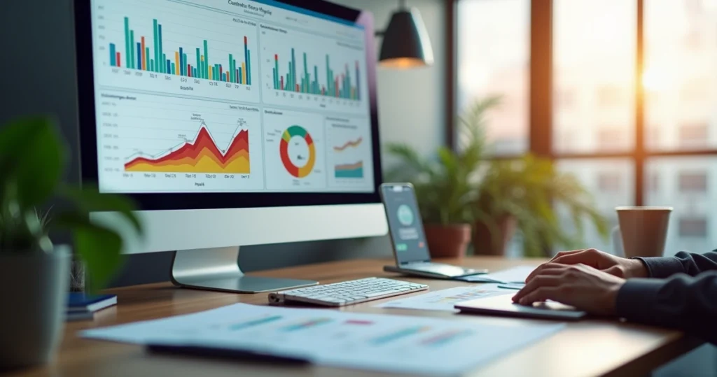 Dashboard detalhado exibindo gráficos de análise de cohort com segmentos coloridos e dados de retenção ao longo do tempo