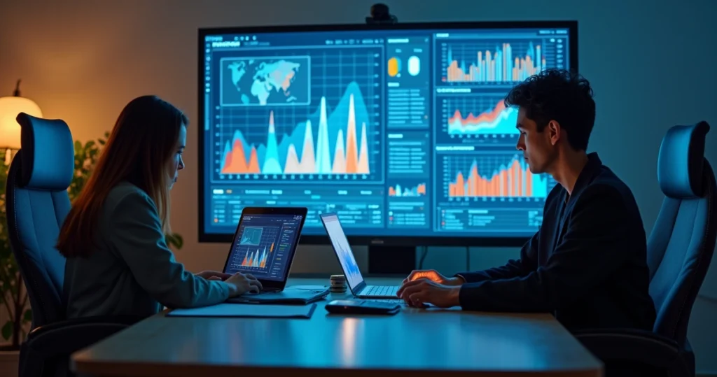 Mesa de reunião com profissionais analisando gráficos e métricas de atendimento ao cliente em laptops e tablets