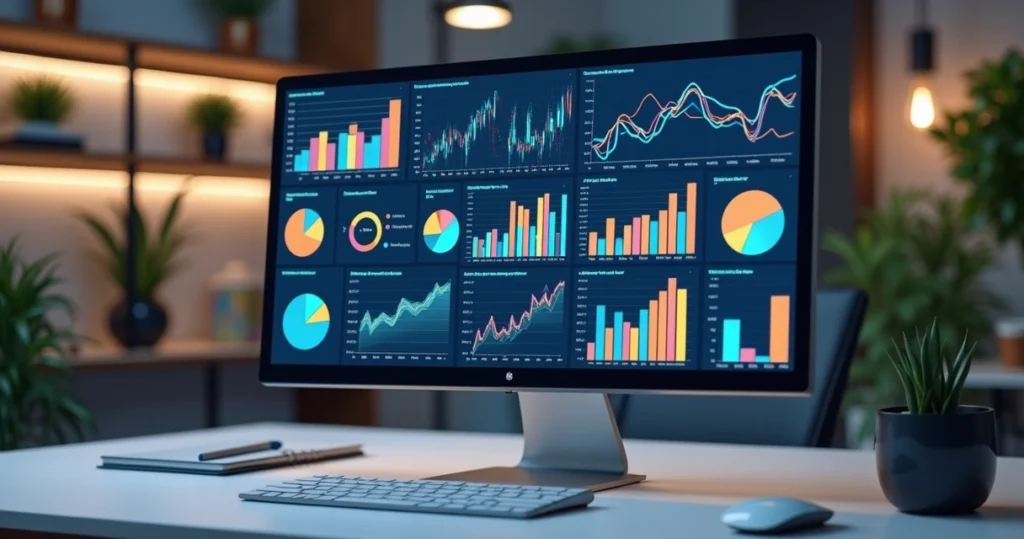 Computador com tela mostrando gráficos coloridos de análise de dados em ambiente moderno de escritório