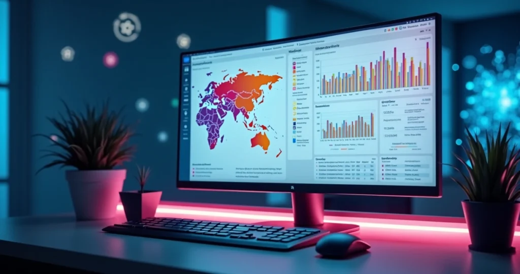 Computador com tela exibindo dashboard de análise de feedback textual por inteligência artificial com gráficos e nuvem de palavras