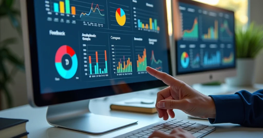 Dashboard digital com gráficos coloridos de feedbacks e categorias automáticas em tela de computador