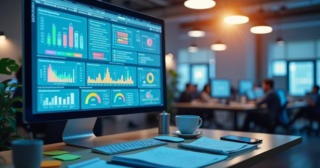 Tela de computador com gráficos de análise preditiva mostrando dados e sinais de reclamações