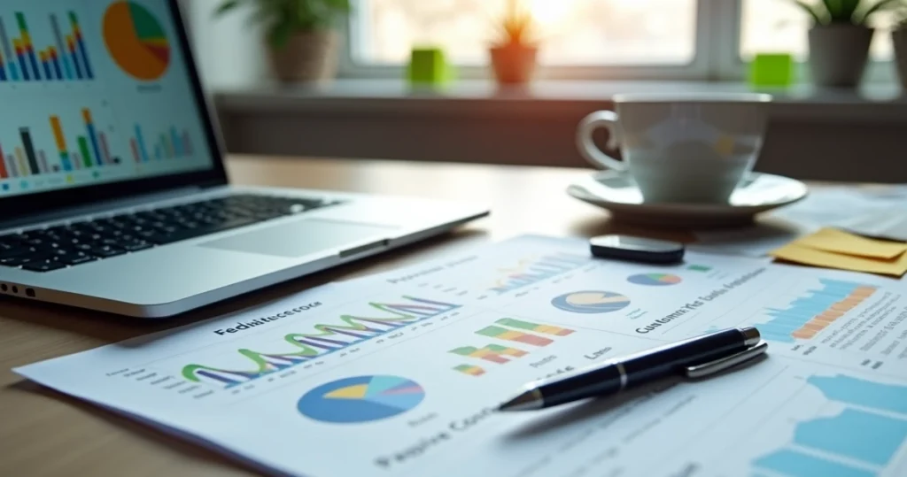 Gráfico de barras e anotações manuscritas lado a lado com depoimentos de clientes em uma mesa de trabalho moderna