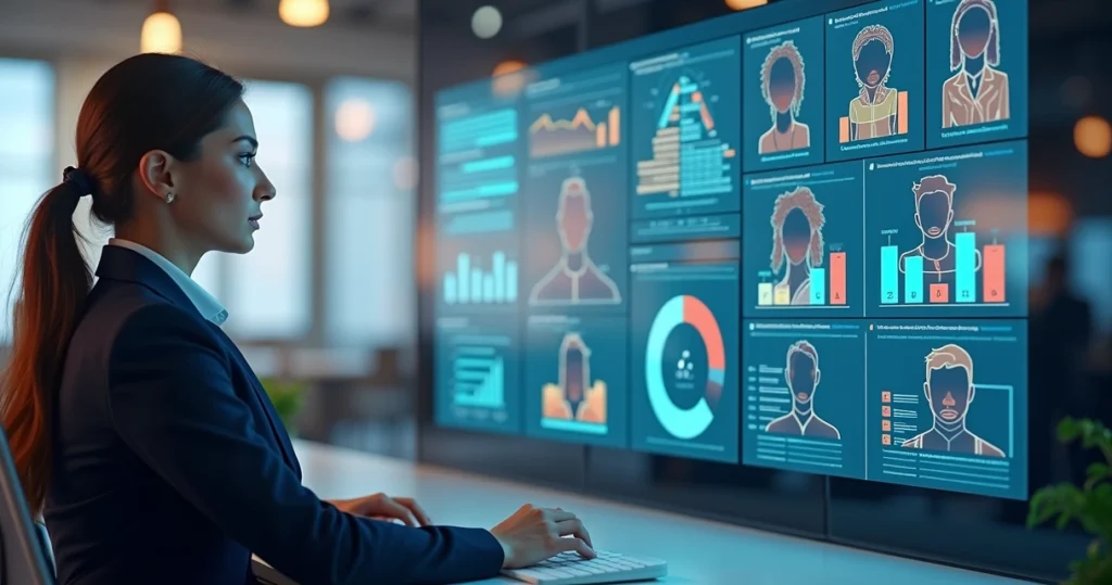 Analista de dados segmentando feedbacks em painel digital com gráficos coloridos e diferentes categorias de clientes