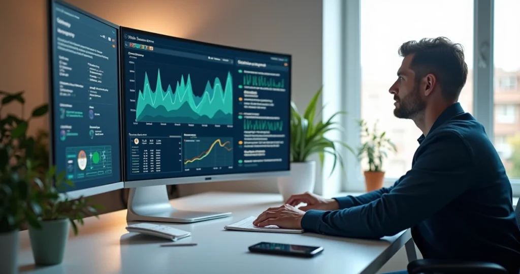 Profissional analisando dados e métricas de atendimento ao cliente em vários gráficos na tela do computador