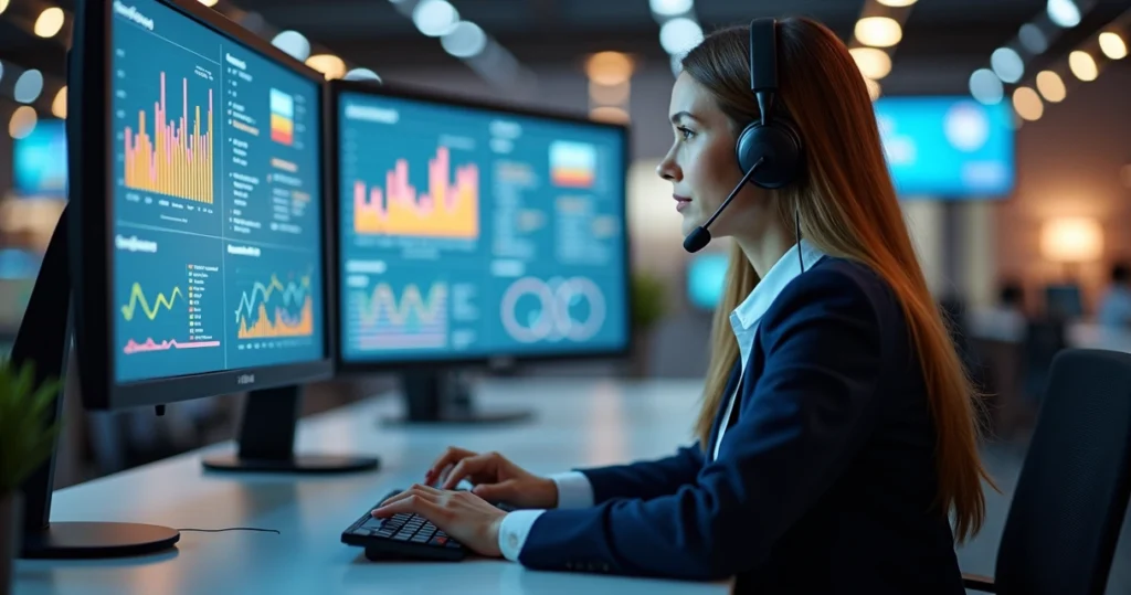 Profissional de atendimento ao cliente utilizando computador e headset em ambiente moderno com telas exibindo gráficos e mensagens de clientes