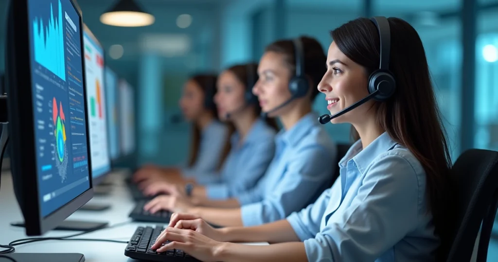 Equipe de atendimento ao público usando computadores e headsets em ambiente moderno e tecnológico