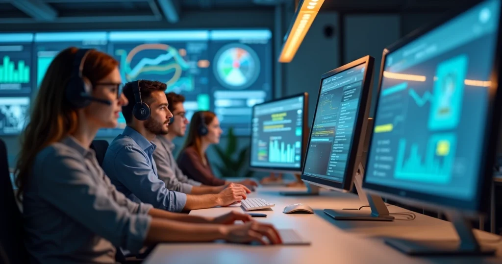 Equipe de atendimento ao cliente em ambiente moderno com múltiplos canais de comunicação visíveis