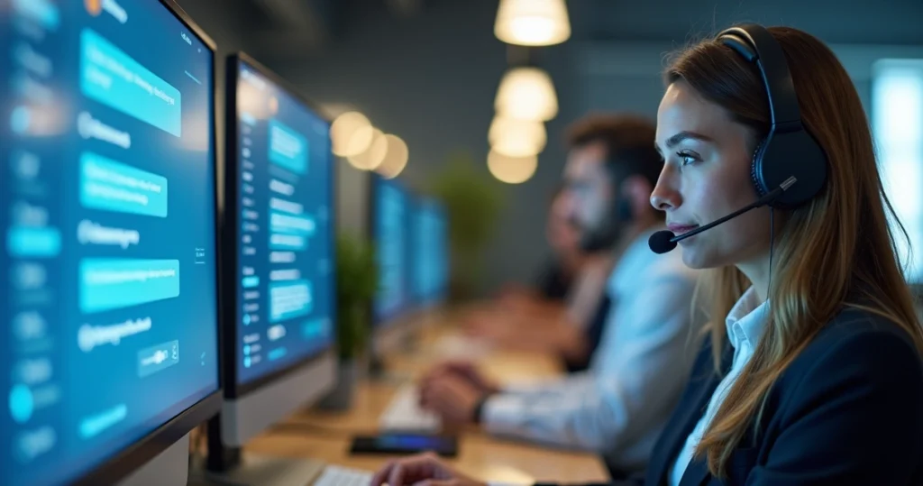 Computador com mensagens automáticas ao lado de profissional atendendo cliente por telefone em escritório moderno