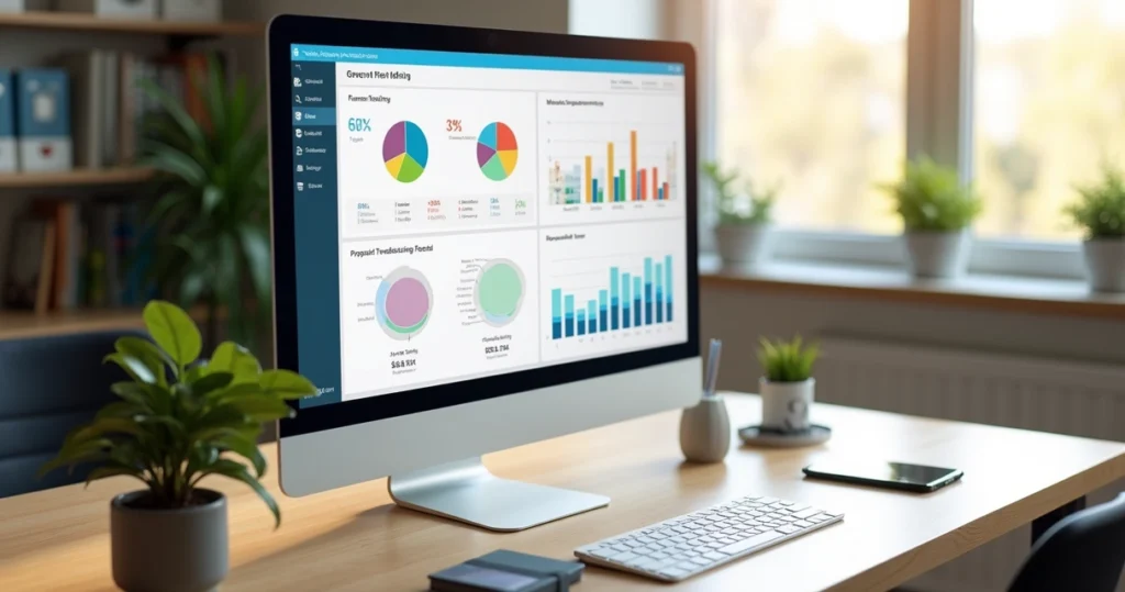 Tela de computador mostrando dashboards com avaliações automáticas e gráficos de dados para planejamento de roadmap de produto