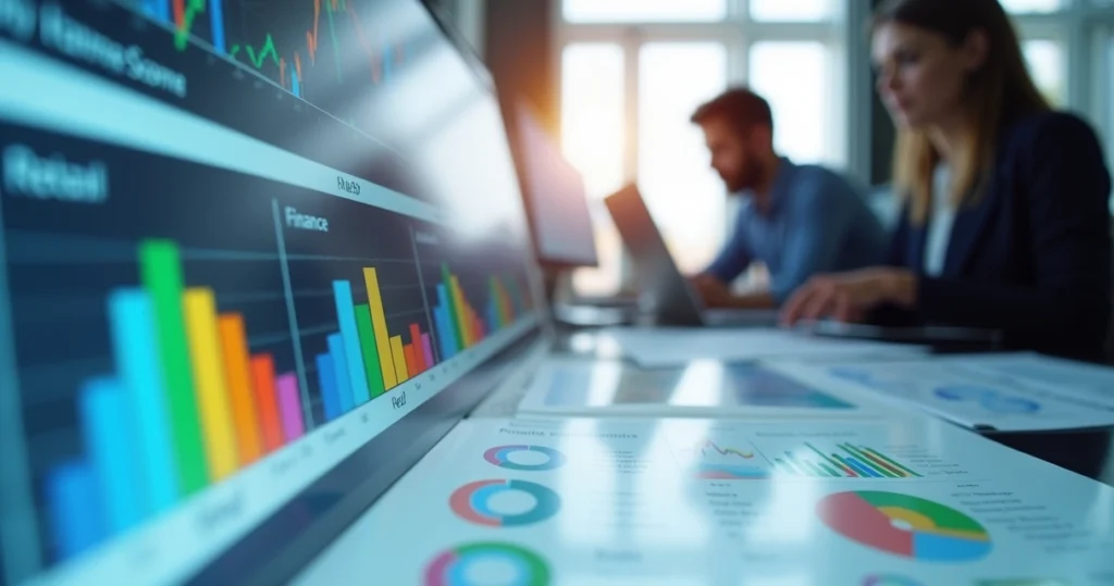 Gráfico comparativo de NPS entre diferentes setores empresariais com barras coloridas e elementos de negócios ao fundo