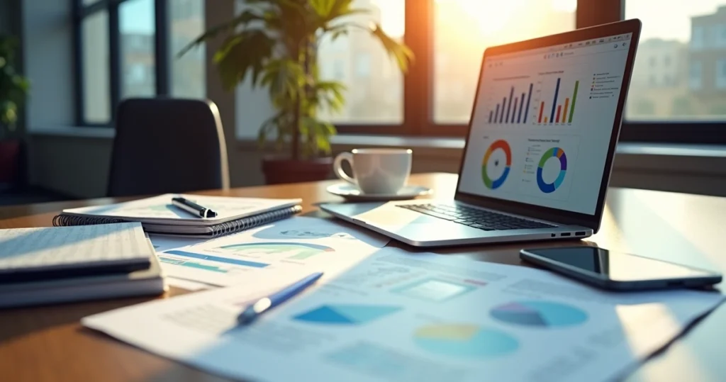 Mesa de trabalho com documentos estratégicos, laptop aberto, anotações e gráficos coloridos espalhados