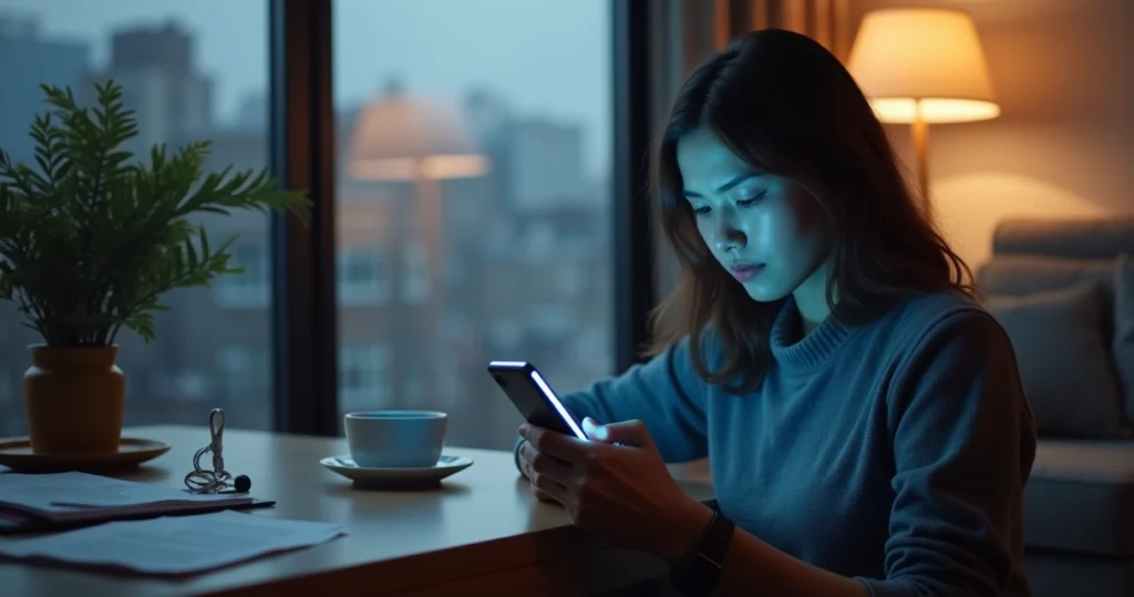 Cliente olhando para celular ignorando pesquisa de satisfação no aplicativo