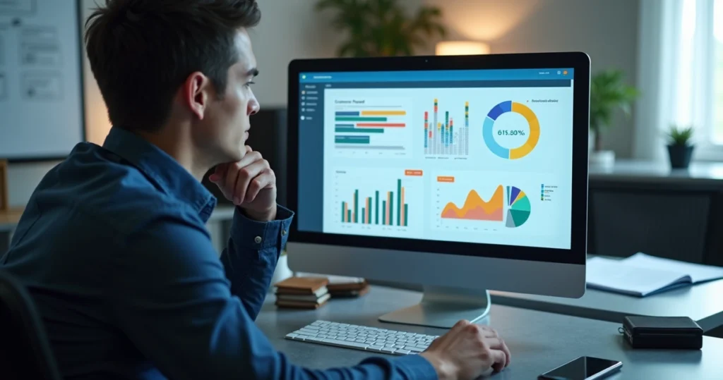 Cliente pensativo olhando para tela de computador com gráficos de feedback e mensagens silenciosas