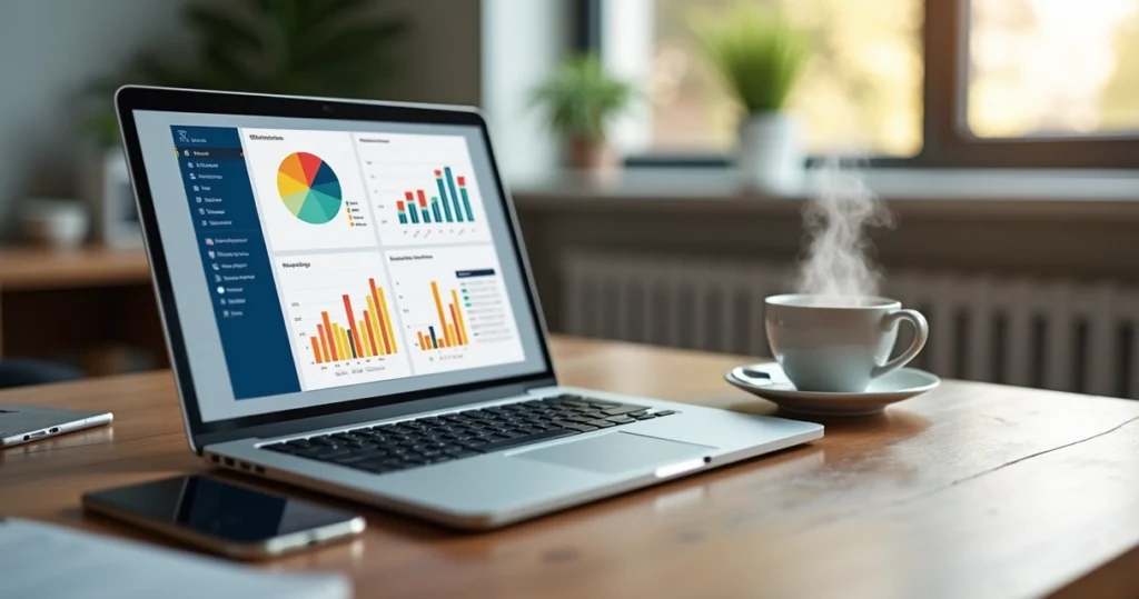 Mesa com notebook aberto mostrando gráficos de feedback, café e smartphone com notificações de mensagens