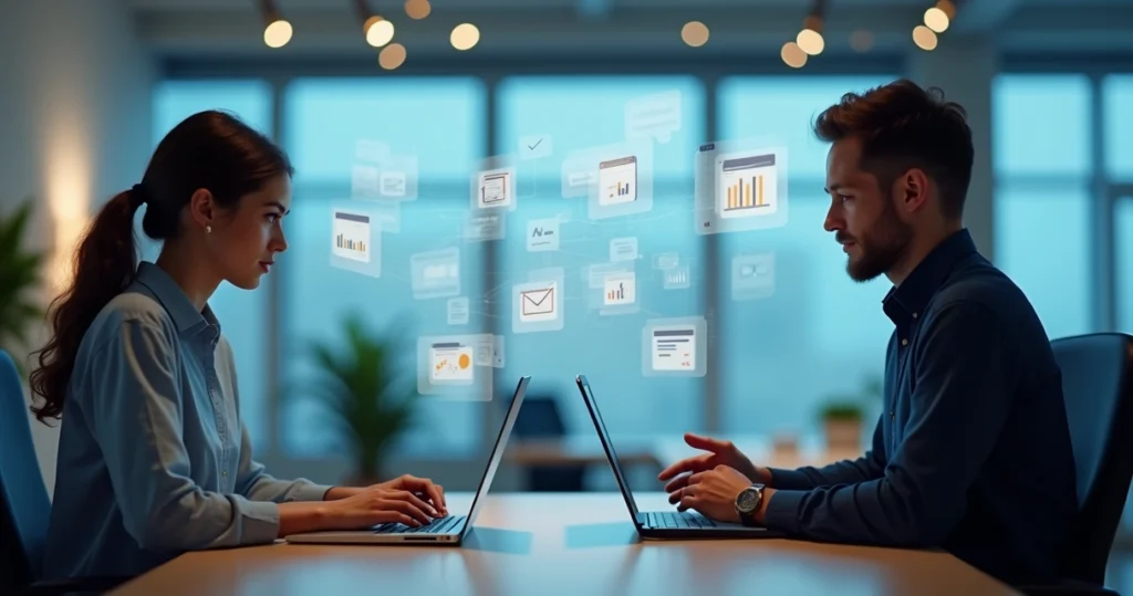 Comparação entre feedback ativo e passivo mostrada com duas pessoas usando dispositivos digitais iluminados por luz suave em escritório moderno