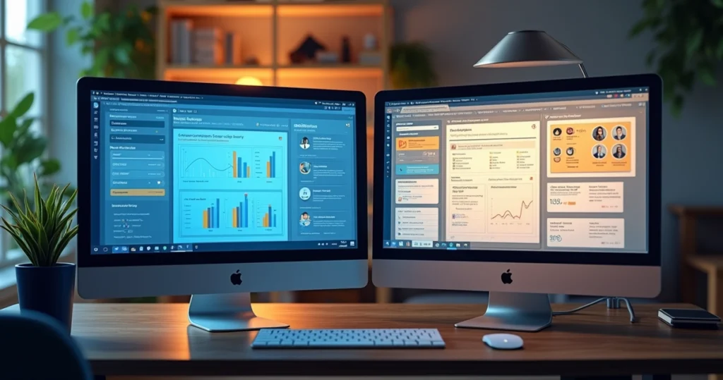 Comparação entre ferramentas automáticas e personalizadas para respostas ao cliente mostrando tela de computador com gráficos e mensagens