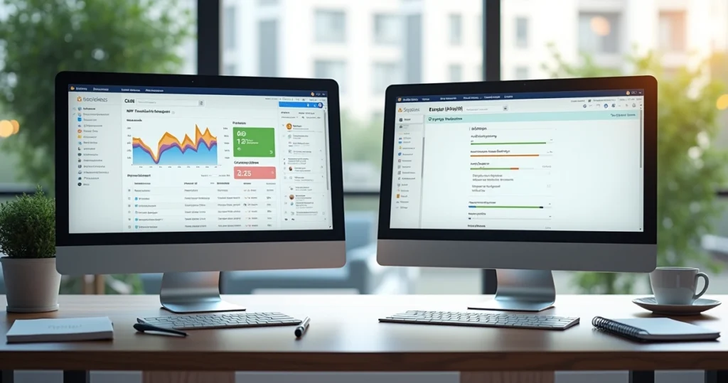 Computadores mostrando telas de plataformas completas e soluções simples para gestão de feedback em ambiente de escritório moderno