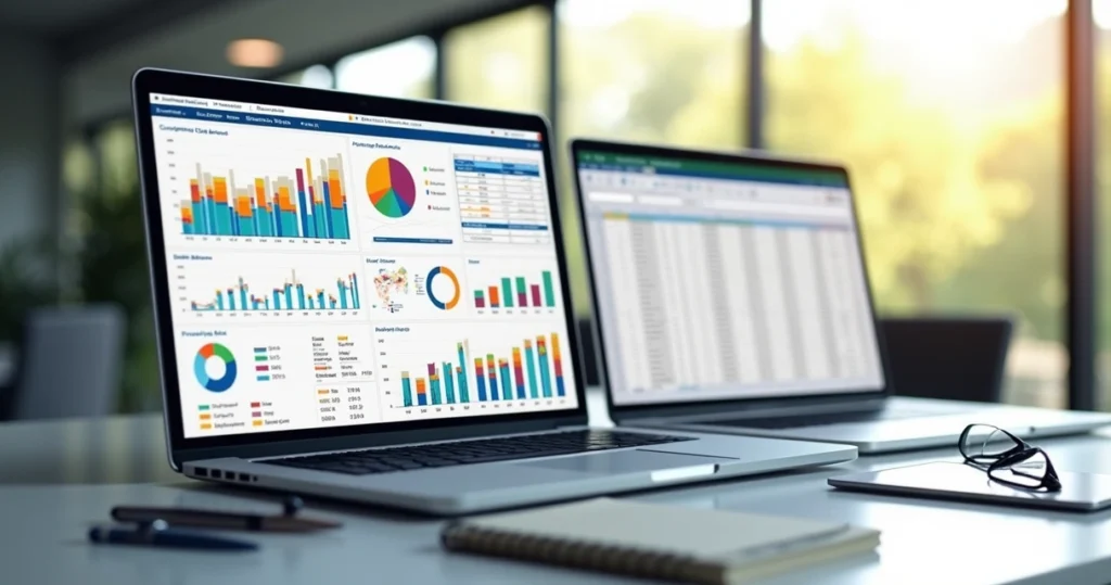 Computador exibindo gráficos e planilhas lado a lado para análise de dados de clientes