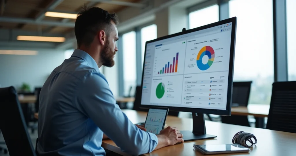Gerente analisando painel digital com métricas de pesquisa de feedback automatizada em ambiente de escritório moderno