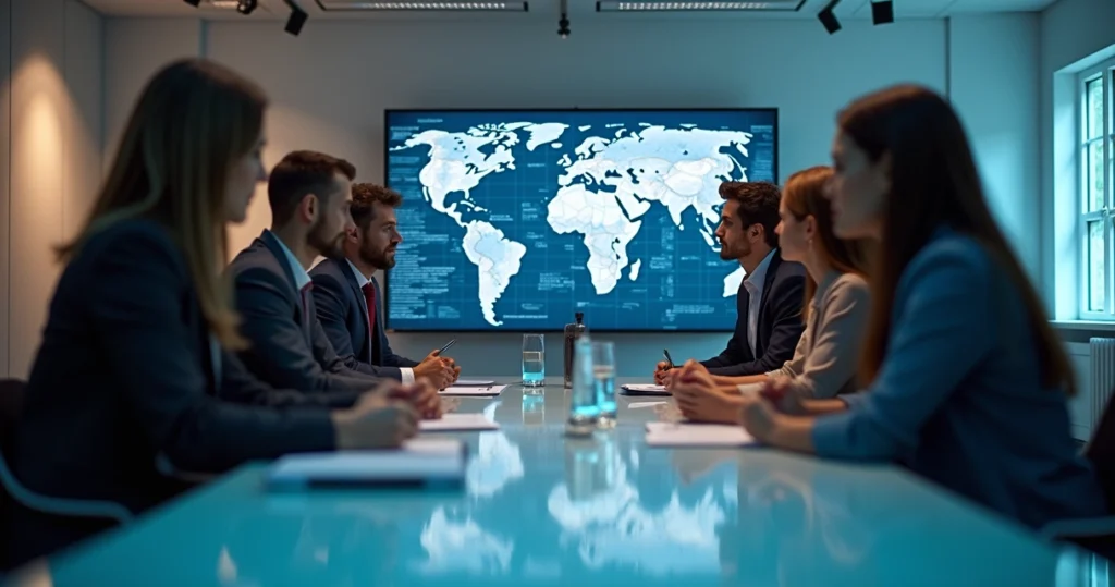 Equipe de negócios em reunião dividida entre consultoria externa e treinamento interno com gráficos e documentos na mesa