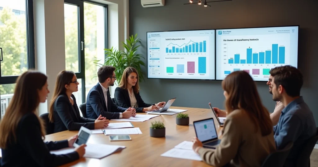 Profissionais analisando gráficos e feedbacks de clientes em um escritório moderno