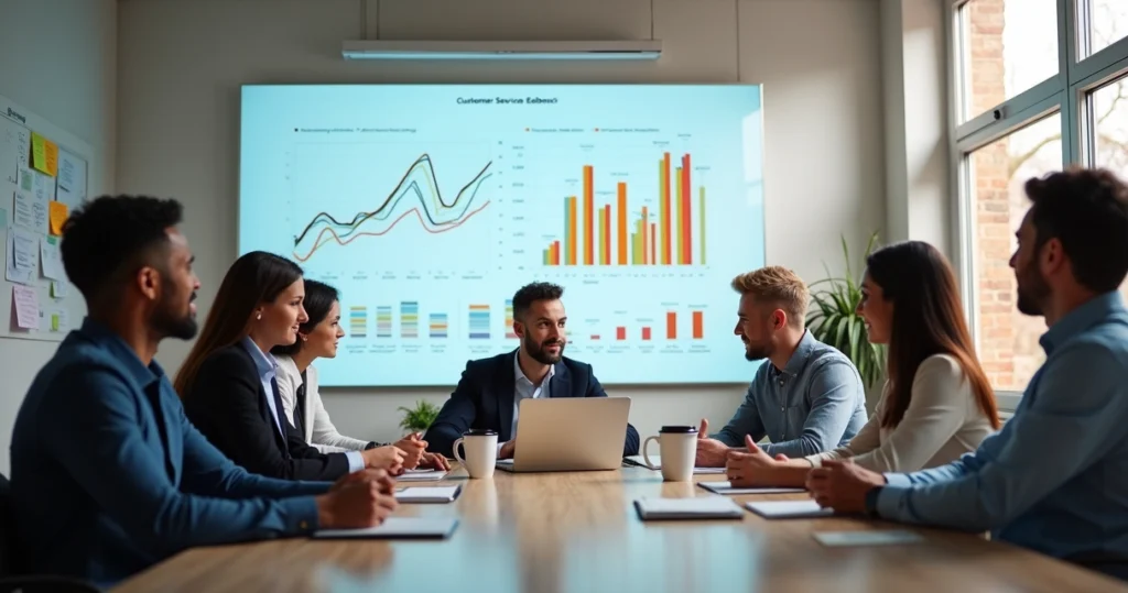 Equipe de atendimento ao cliente colaborando em ciclo de feedback com gráficos e anotações