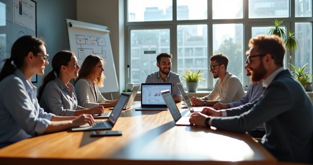 Equipe de profissionais em escritório moderno usando ferramentas digitais no computador para automatizar feedbacks de clientes