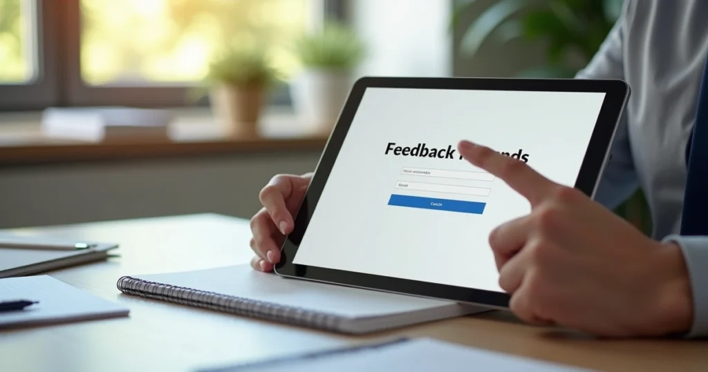 Pessoa digitando feedback anônimo em tablet em ambiente de escritório moderno