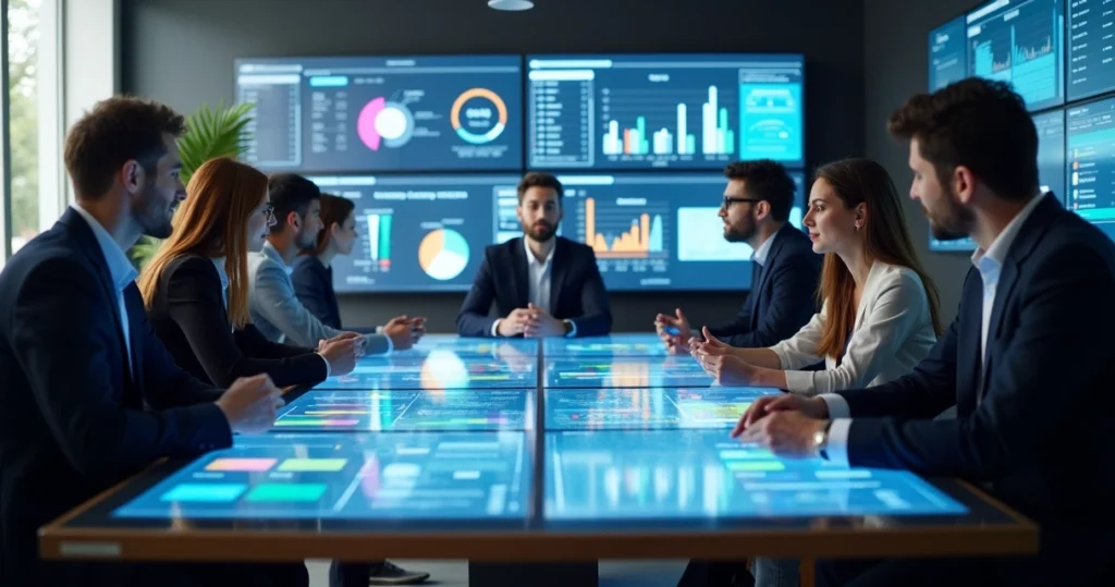 Equipe de profissionais analisando feedbacks em gráficos digitais com interface de software SaaS ao fundo