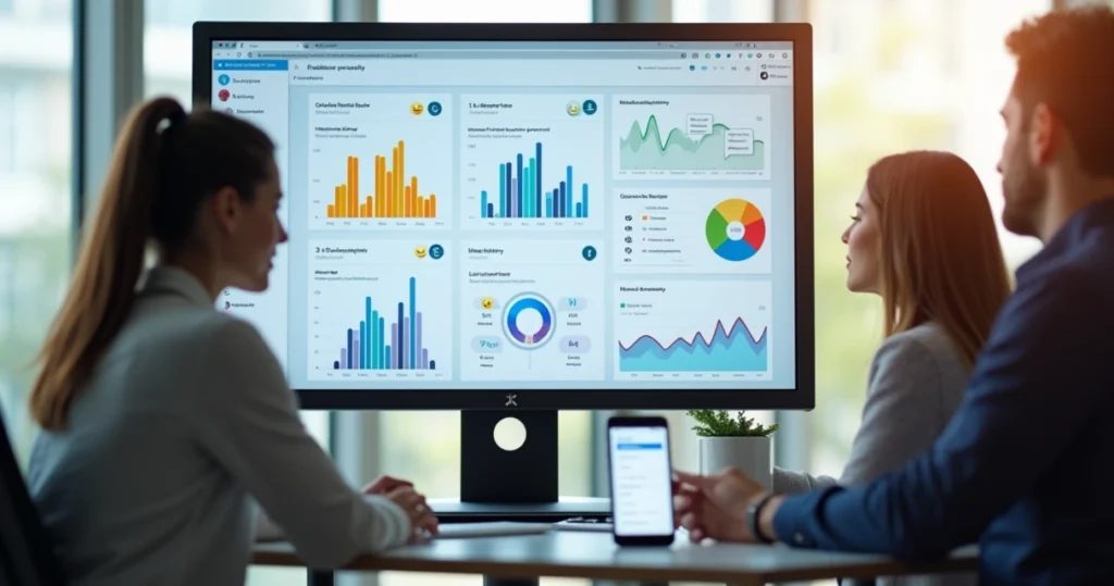 Interface digital exibindo feedbacks em tempo real com gráficos e mensagens automáticas