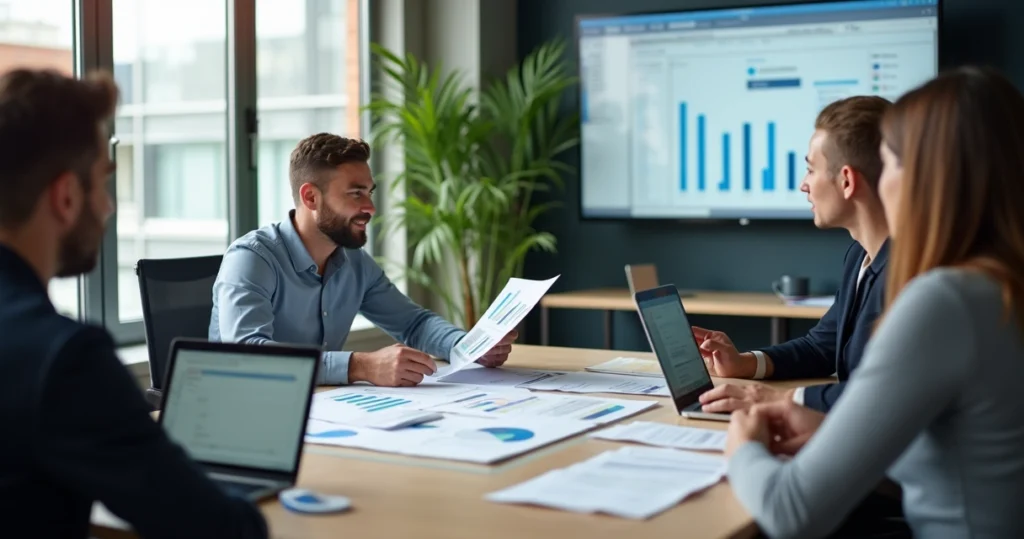 Gerente de atendimento analisando feedbacks qualitativos em laptops e tablets na sala de reuniões moderna