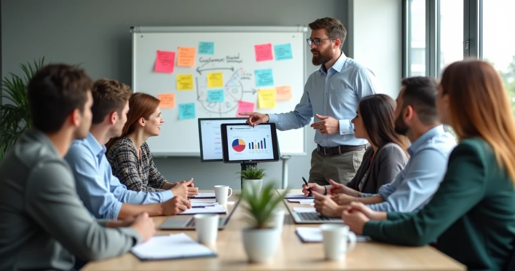Gerente analisando feedbacks com a equipe em reunião no escritório moderno