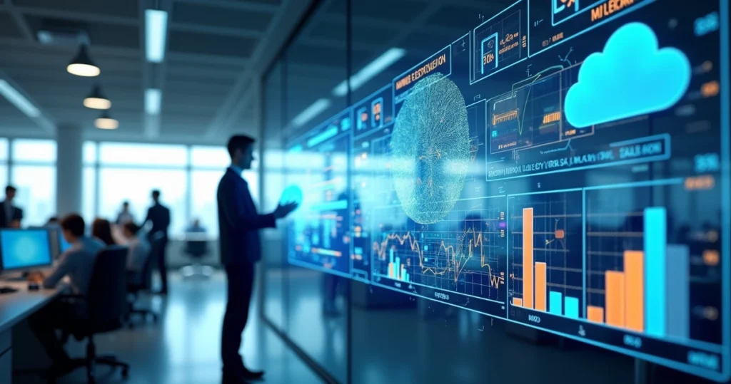 Sistema ERP integrado mostrando dashboard com gráficos e fluxos de dados em ambiente corporativo moderno