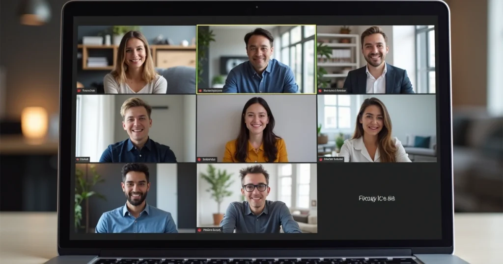 Reunião online em grupo focal com seis pessoas em videoconferência, layout de múltiplas janelas, ambiente de escritório moderno