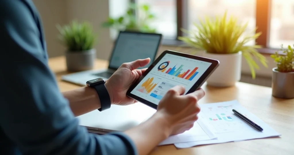 Pessoa segurando um relógio e um tablet mostrando gráficos de feedback ao fundo