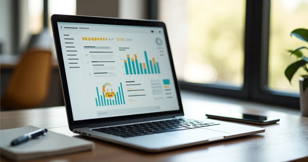 Interface moderna exibindo diferentes tipos de feedback visual com gráficos, estrelas, emojis e barras de progresso