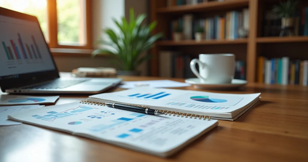 Mesa de estudo com notebook, cadernos abertos, gráficos e gráficos de dados à frente, com uma caneca ao lado e luz natural iluminando